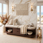 Rounded End Cubby Storage Bench with Two Center Drawers, Solid Wood End of Bed Bench