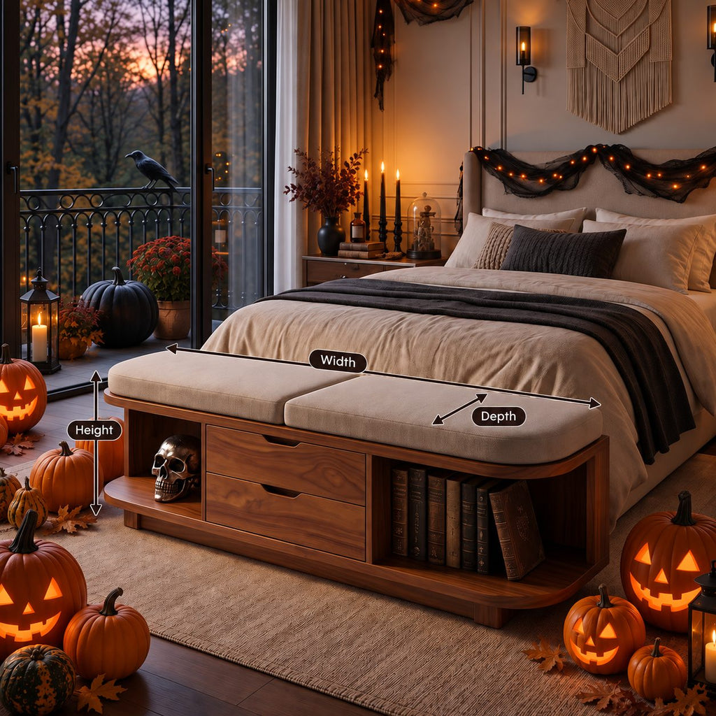 Rounded End Cubby Storage Bench with Two Center Drawers, Solid Wood End of Bed Bench