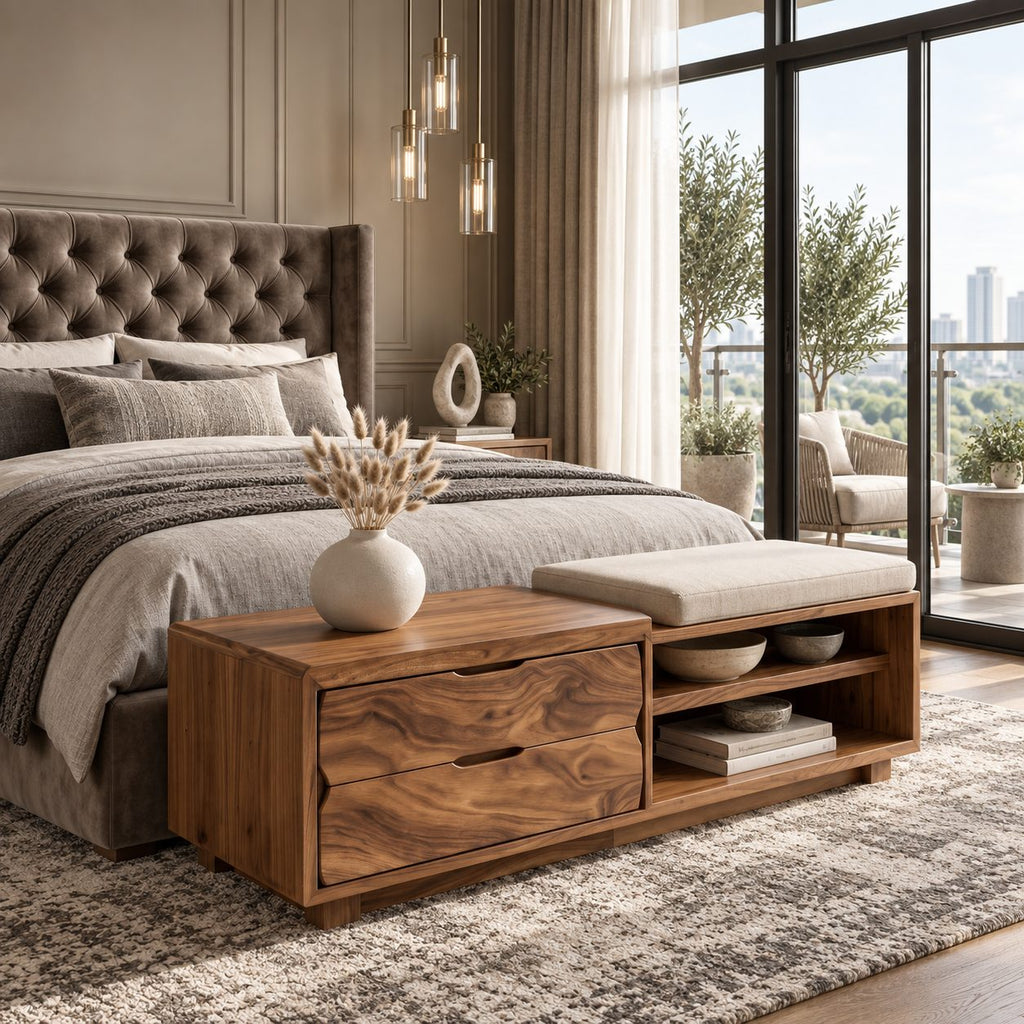 Figured Grain Drawer Storage Bench with Open Shelf, Solid Wood End of Bed Bench with Two Drawers