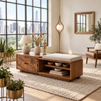 Figured Grain Drawer Storage Bench with Open Shelf, Solid Wood End of Bed Bench with Two Drawers