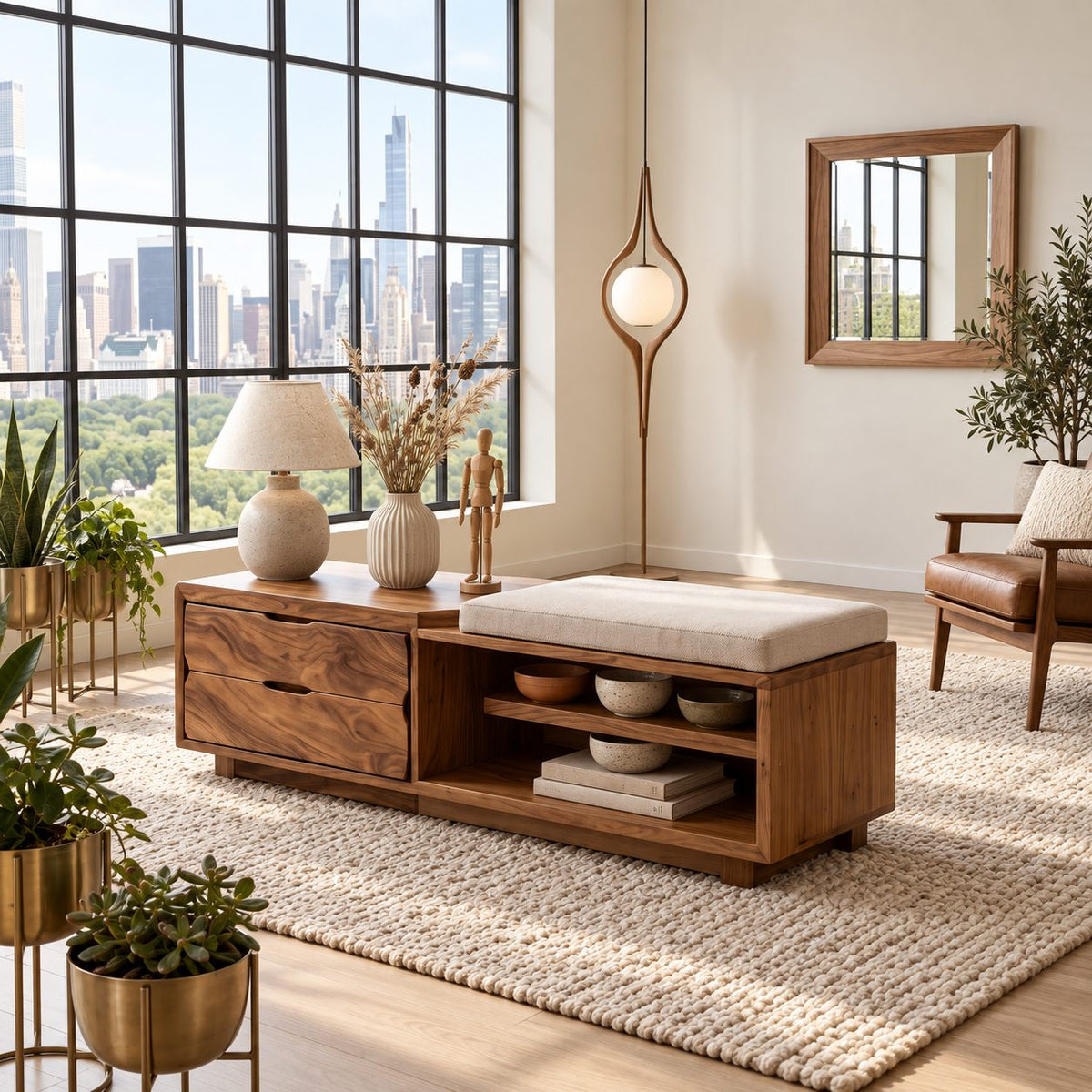 Figured Grain Drawer Storage Bench with Open Shelf, Solid Wood End of Bed Bench with Two Drawers