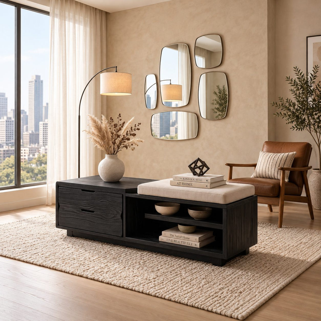 Figured Grain Drawer Storage Bench with Open Shelf, Solid Wood End of Bed Bench with Two Drawers