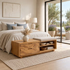 Figured Grain Drawer Storage Bench with Open Shelf, Solid Wood End of Bed Bench with Two Drawers