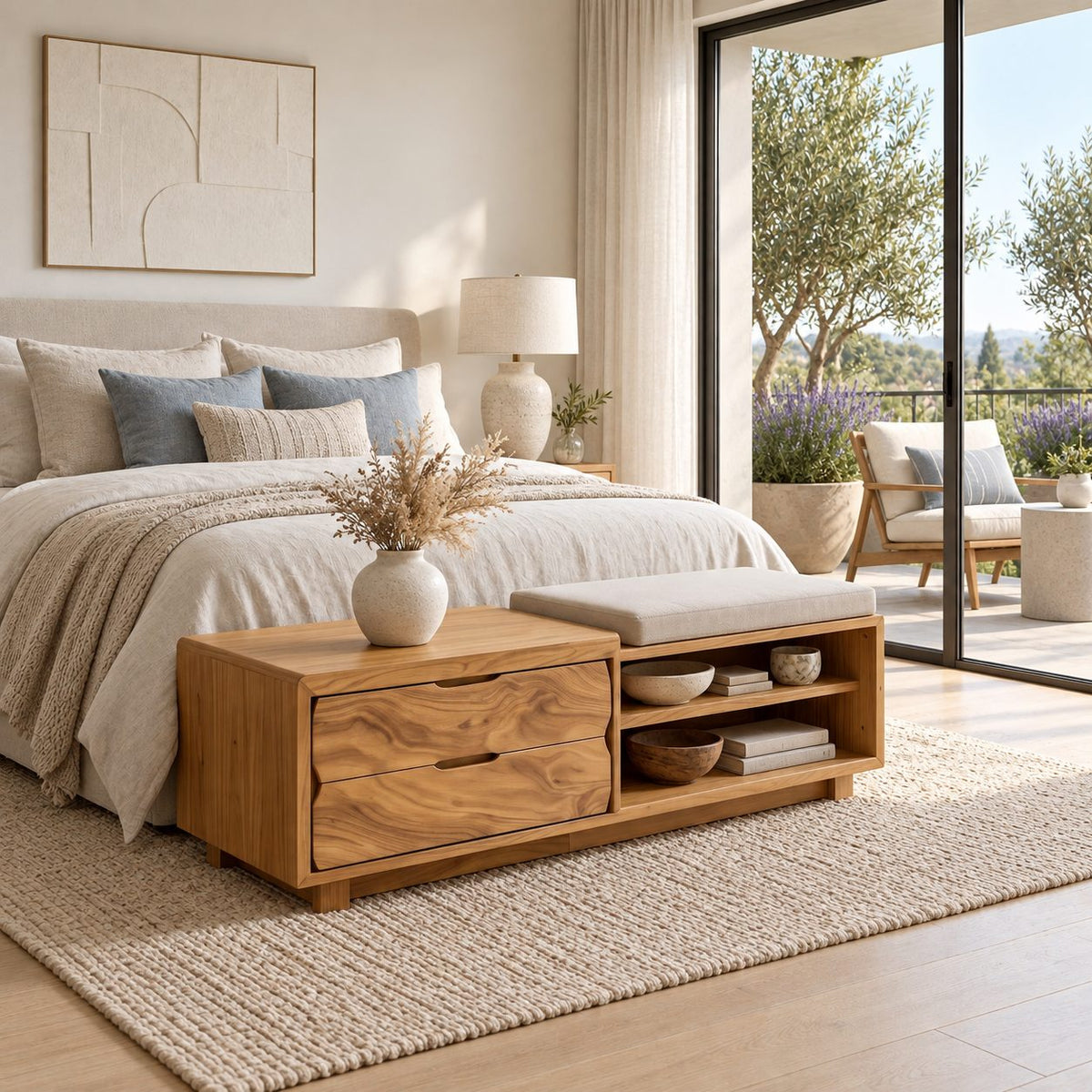 Figured Grain Drawer Storage Bench with Open Shelf, Solid Wood End of Bed Bench with Two Drawers