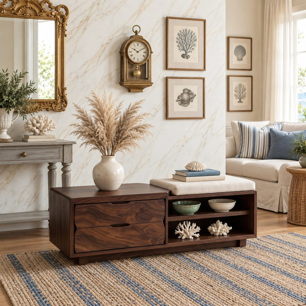 Figured Grain Drawer Storage Bench with Open Shelf, Solid Wood End of Bed Bench with Two Drawers