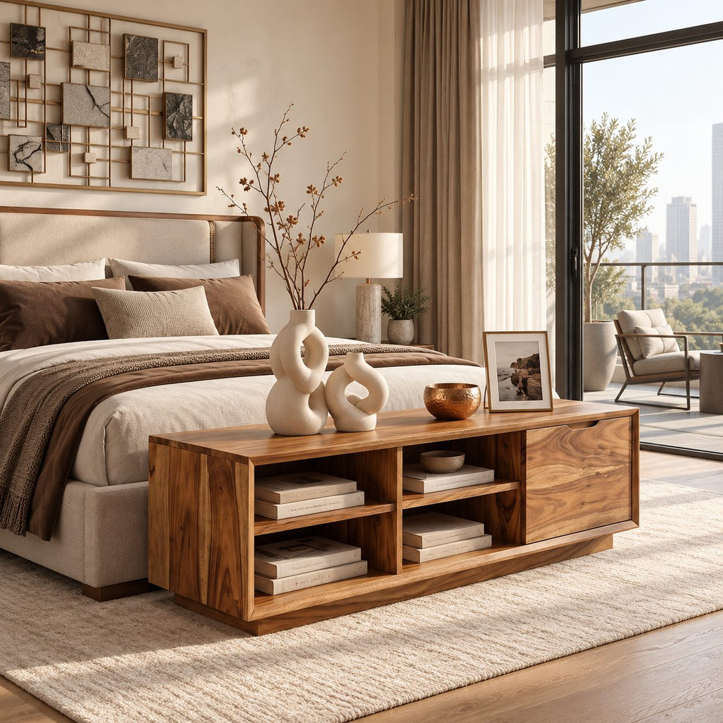 Four Cubby Low TV Stand with Side Door, Minimalist Solid Wood Media Console and Storage Bench