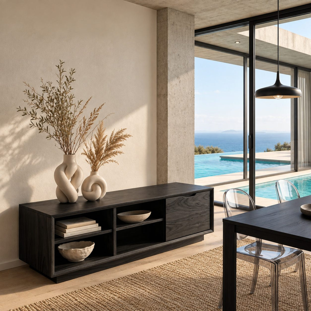 Four Cubby Low TV Stand with Side Door, Minimalist Solid Wood Media Console and Storage Bench