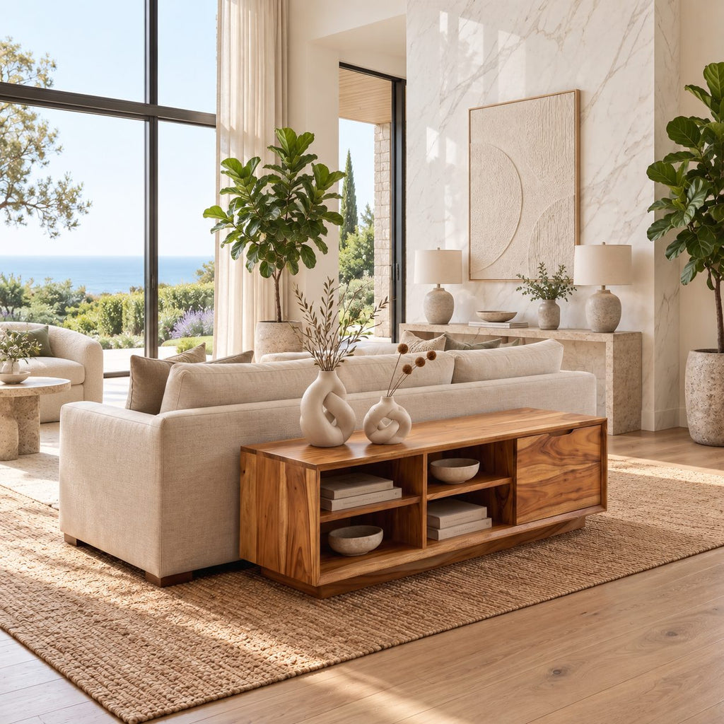 Four Cubby Low TV Stand with Side Door, Minimalist Solid Wood Media Console and Storage Bench