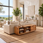 Four Cubby Low TV Stand with Side Door, Minimalist Solid Wood Media Console and Storage Bench