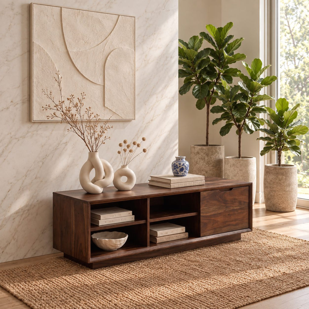 Four Cubby Low TV Stand with Side Door, Minimalist Solid Wood Media Console and Storage Bench