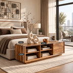 Four Cubby Low TV Stand with Side Door, Minimalist Solid Wood Media Console and Storage Bench