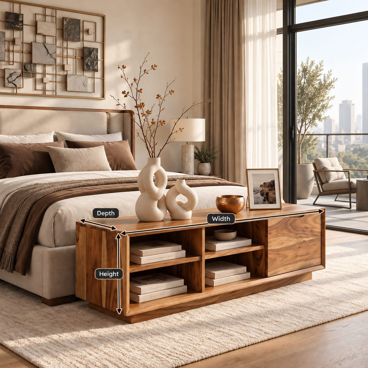 Four Cubby Low TV Stand with Side Door, Minimalist Solid Wood Media Console and Storage Bench