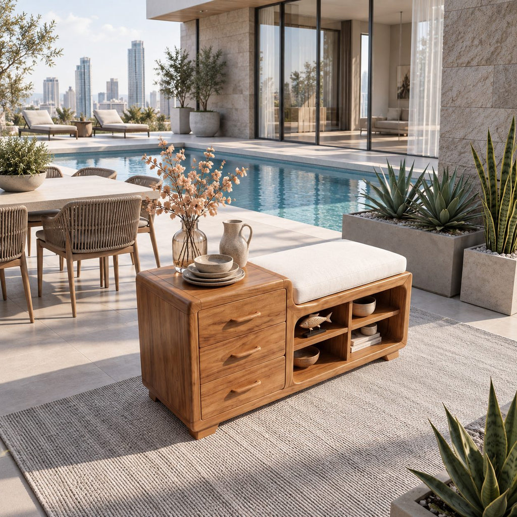 Rounded Chest Storage Bench with Three Drawers and Open Cubbies, Solid Wood End of Bed Bench