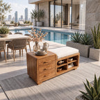Rounded Chest Storage Bench with Three Drawers and Open Cubbies, Solid Wood End of Bed Bench