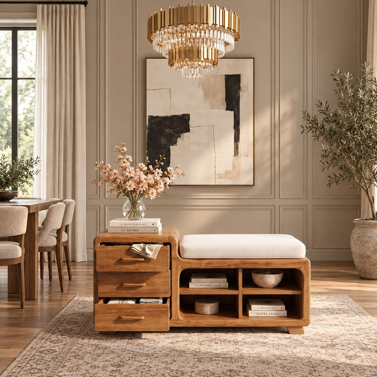 Rounded Chest Storage Bench with Three Drawers and Open Cubbies, Solid Wood End of Bed Bench