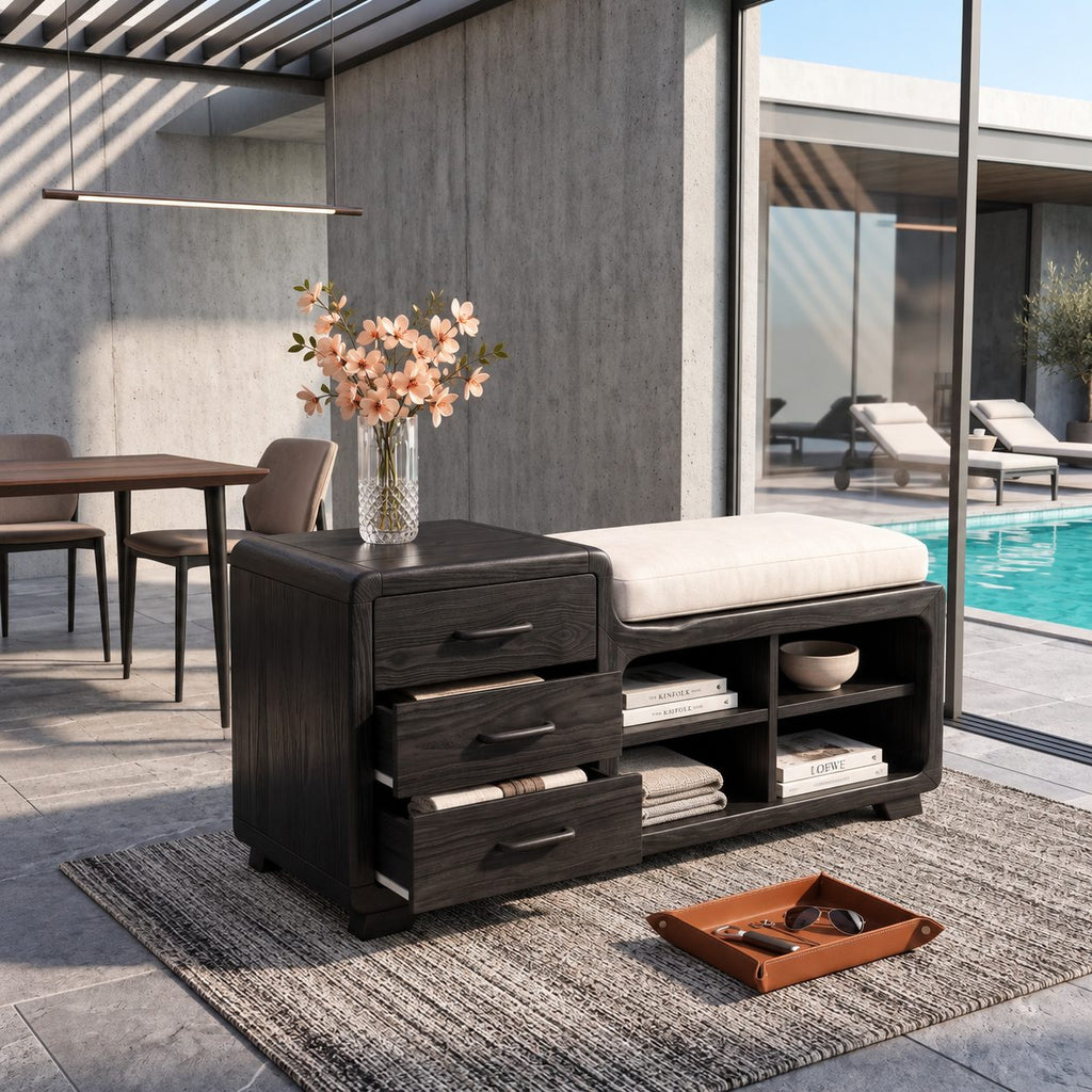 Rounded Chest Storage Bench with Three Drawers and Open Cubbies, Solid Wood End of Bed Bench