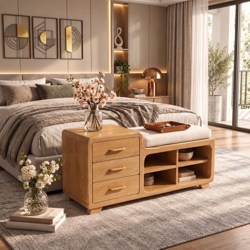 Rounded Chest Storage Bench with Three Drawers and Open Cubbies, Solid Wood End of Bed Bench