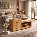 Rounded Chest Storage Bench with Three Drawers and Open Cubbies, Solid Wood End of Bed Bench