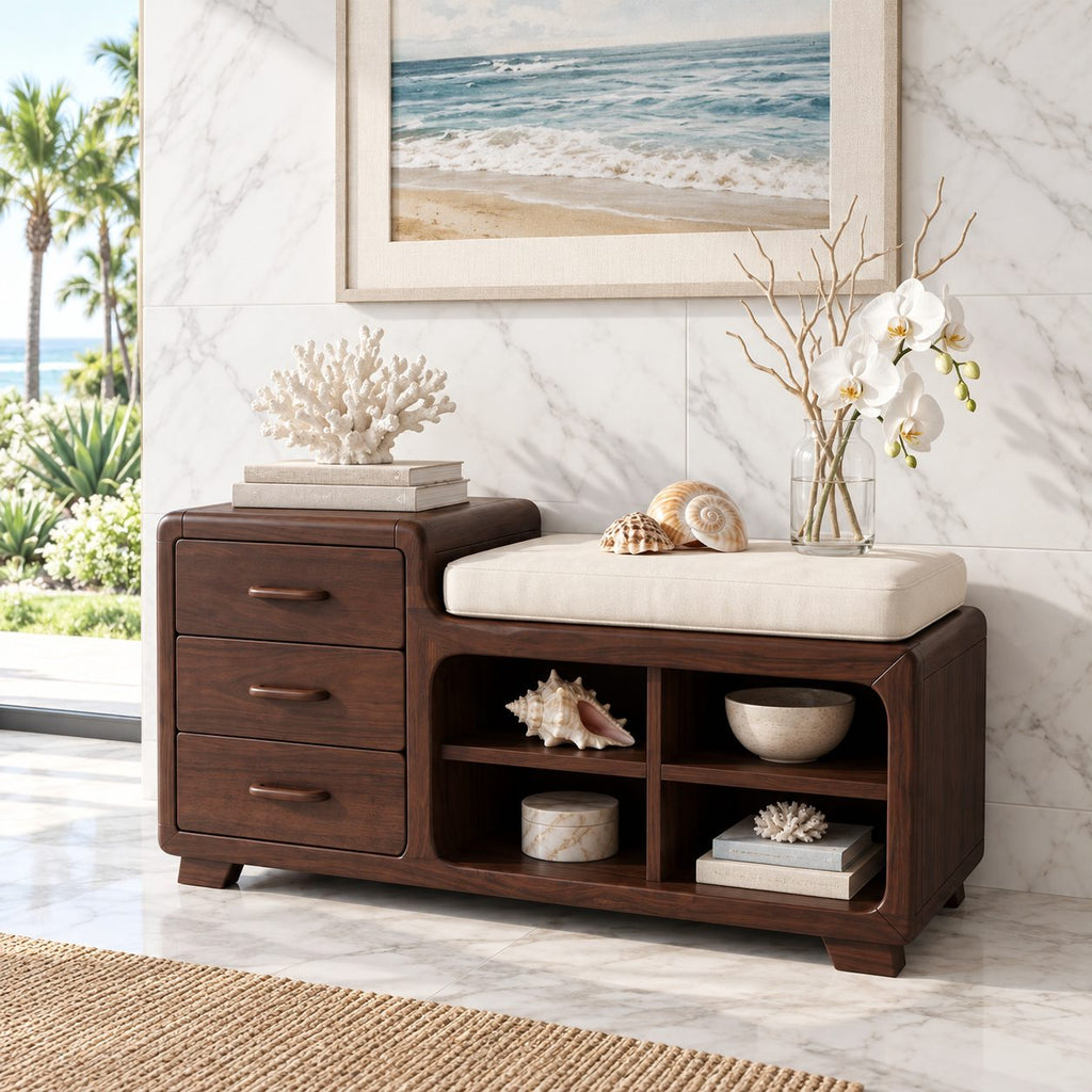 Rounded Chest Storage Bench with Three Drawers and Open Cubbies, Solid Wood End of Bed Bench