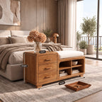 Rounded Chest Storage Bench with Three Drawers and Open Cubbies, Solid Wood End of Bed Bench