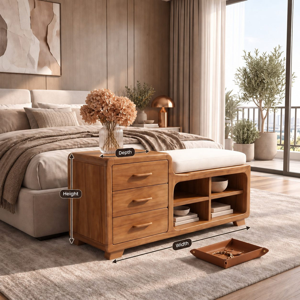 Rounded Chest Storage Bench with Three Drawers and Open Cubbies, Solid Wood End of Bed Bench