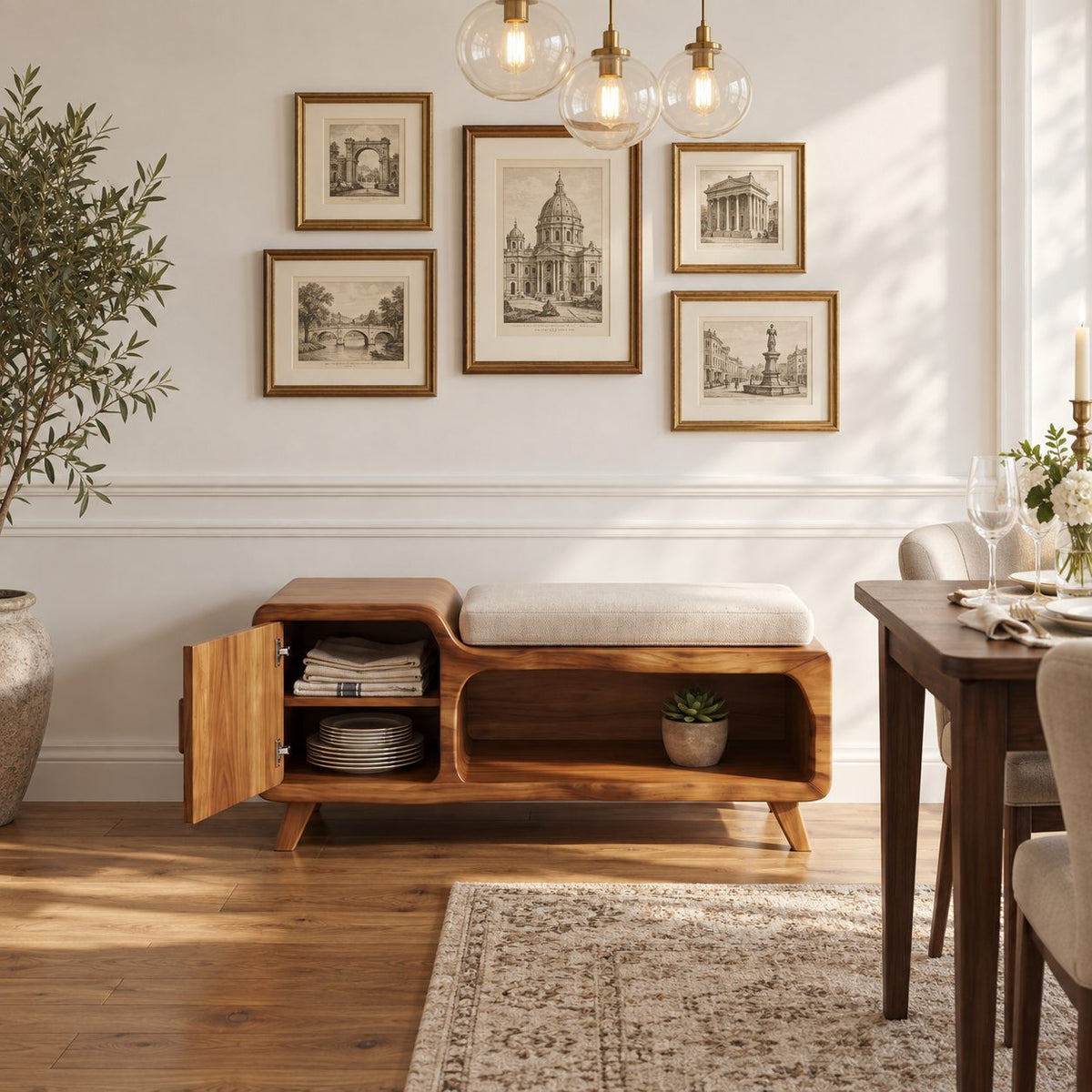 Tapered Leg Mid Century Storage Bench with Cabinet Door, Solid Wood Entryway Bench with Open Cubby