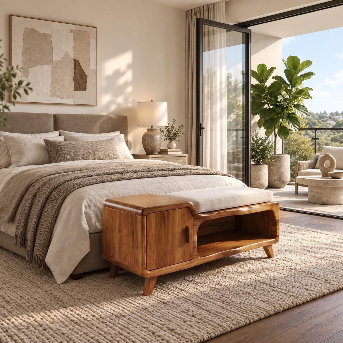 Tapered Leg Mid Century Storage Bench with Cabinet Door, Solid Wood Entryway Bench with Open Cubby