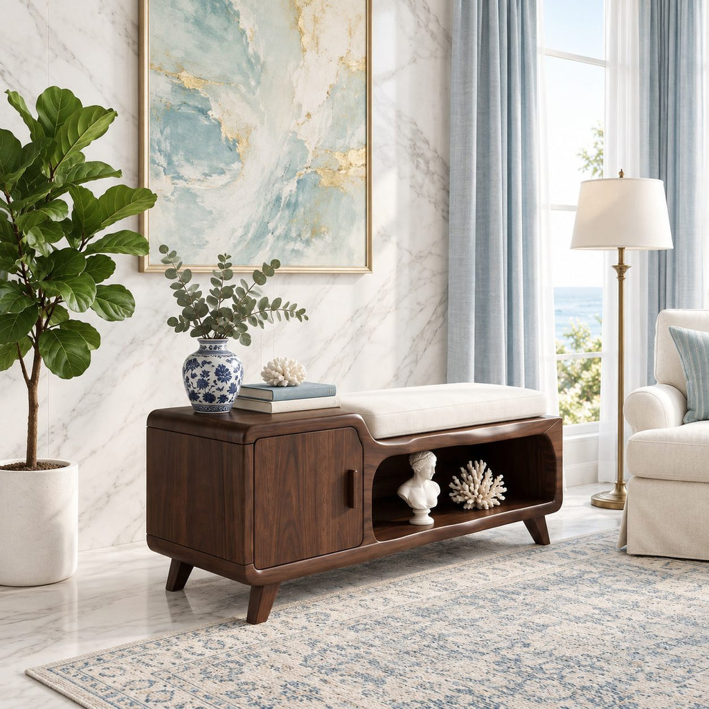 Tapered Leg Mid Century Storage Bench with Cabinet Door, Solid Wood Entryway Bench with Open Cubby
