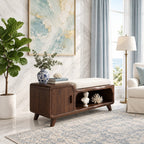 Tapered Leg Mid Century Storage Bench with Cabinet Door, Solid Wood Entryway Bench with Open Cubby