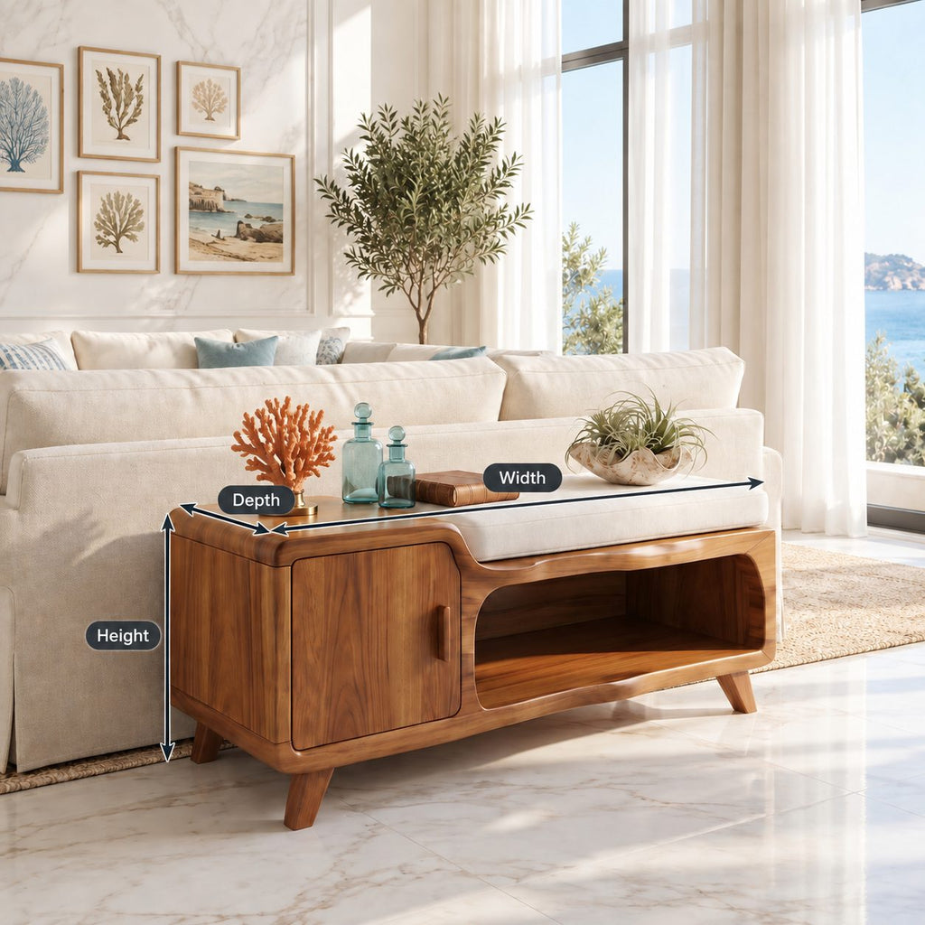 Tapered Leg Mid Century Storage Bench with Cabinet Door, Solid Wood Entryway Bench with Open Cubby