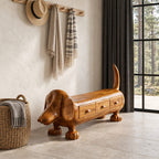 Dachshund Storage Bench with Three Drawers, Hand Carved Solid Wood Dog Bench for Entryway and Mudroom