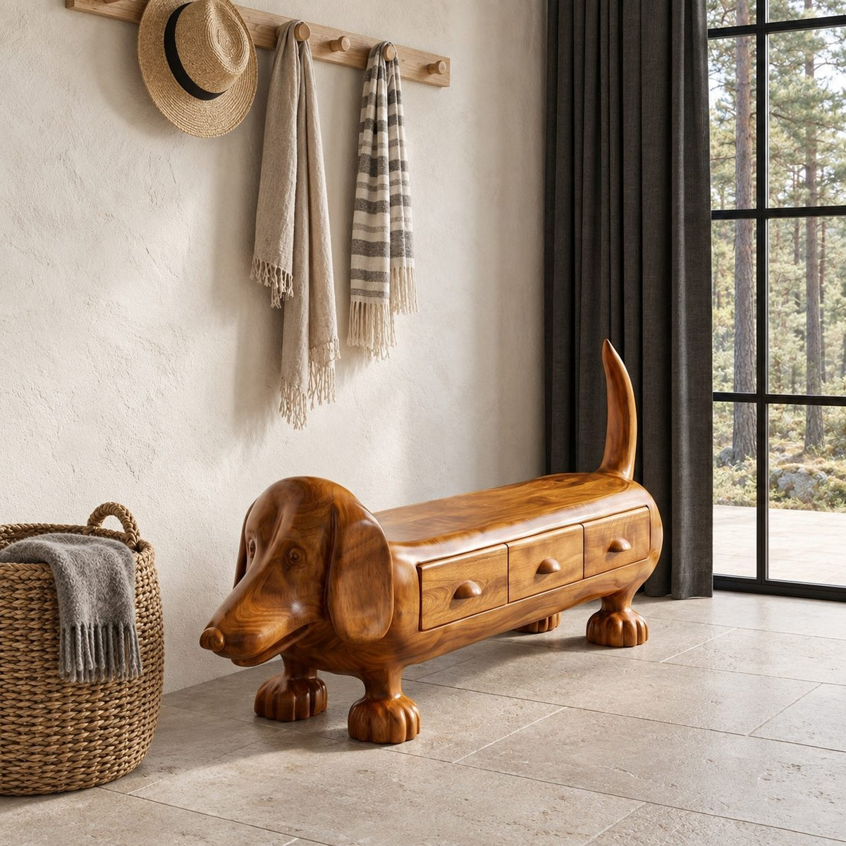 Dachshund Storage Bench with Three Drawers, Hand Carved Solid Wood Dog Bench for Entryway and Mudroom