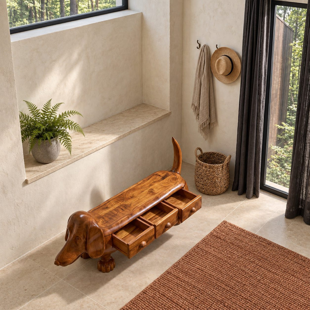Dachshund Storage Bench with Three Drawers, Hand Carved Solid Wood Dog Bench for Entryway and Mudroom
