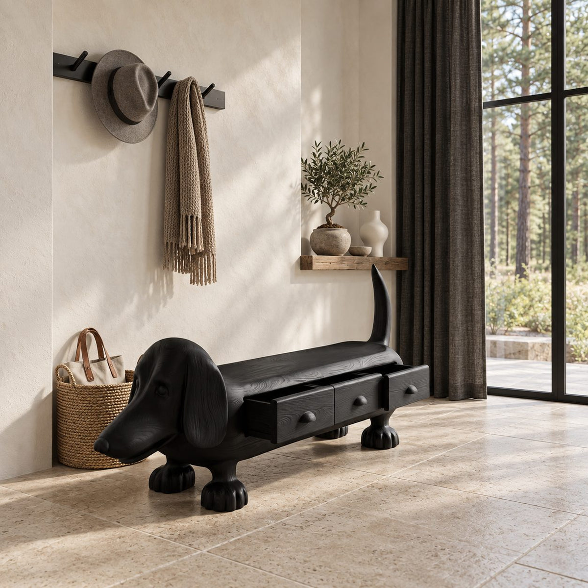Dachshund Storage Bench with Three Drawers, Hand Carved Solid Wood Dog Bench for Entryway and Mudroom