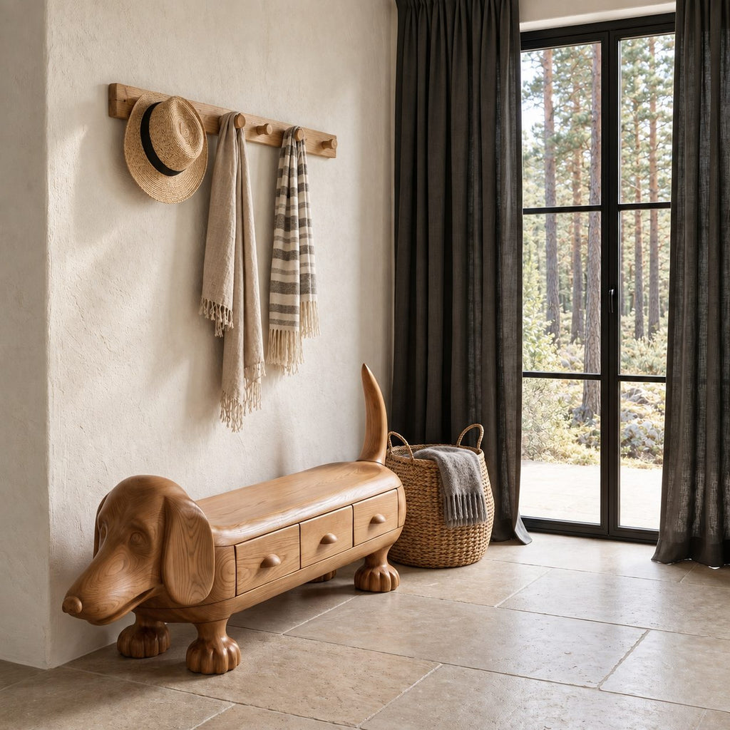 Dachshund Storage Bench with Three Drawers, Hand Carved Solid Wood Dog Bench for Entryway and Mudroom