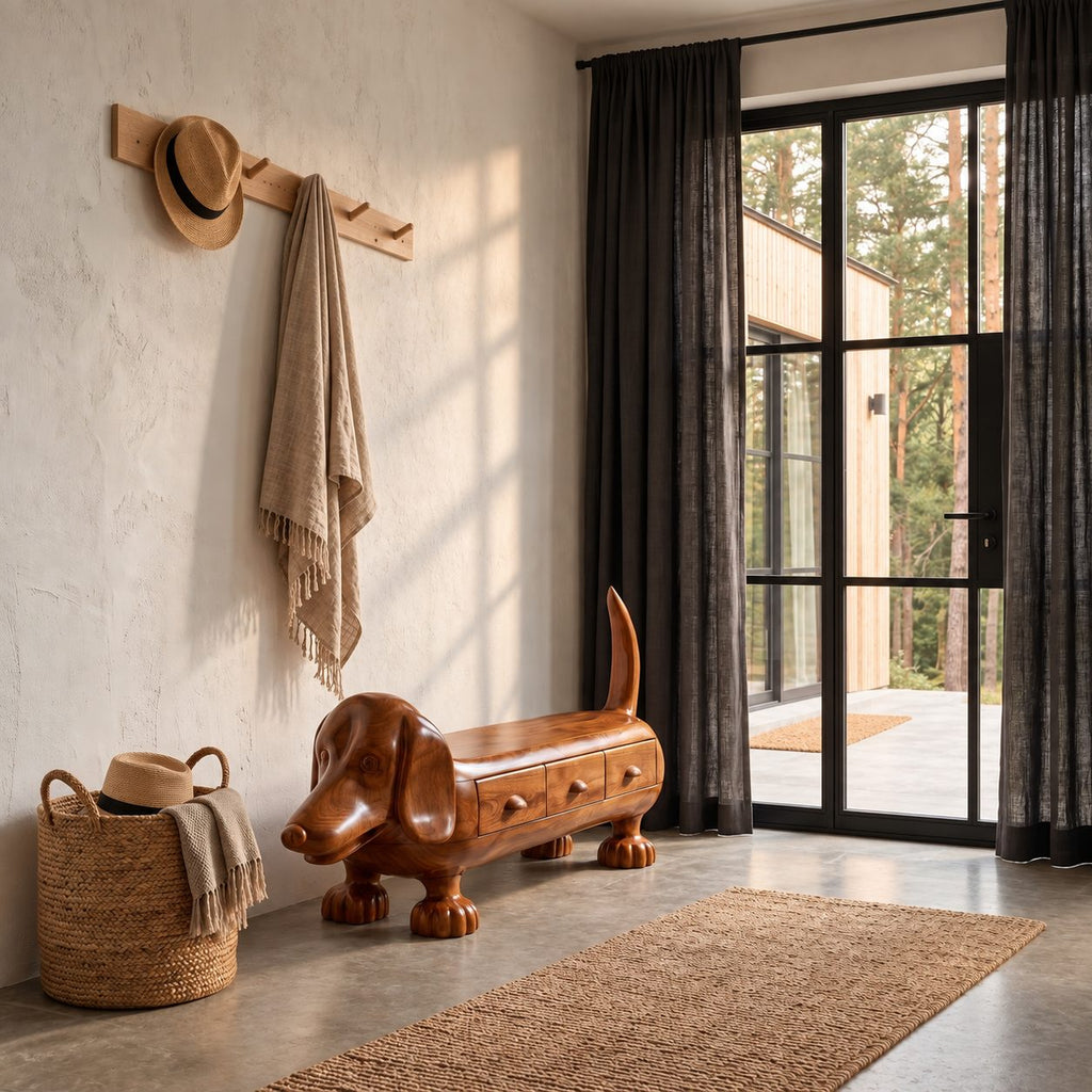 Dachshund Storage Bench with Three Drawers, Hand Carved Solid Wood Dog Bench for Entryway and Mudroom