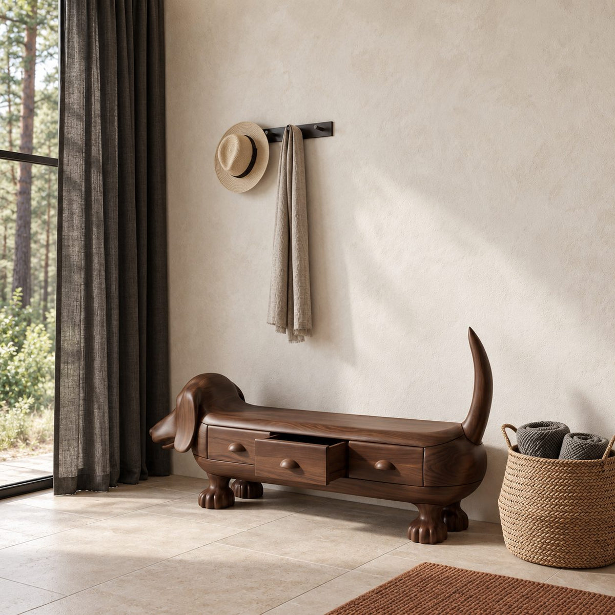 Dachshund Storage Bench with Three Drawers, Hand Carved Solid Wood Dog Bench for Entryway and Mudroom