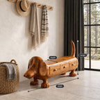 Dachshund Storage Bench with Three Drawers, Hand Carved Solid Wood Dog Bench for Entryway and Mudroom