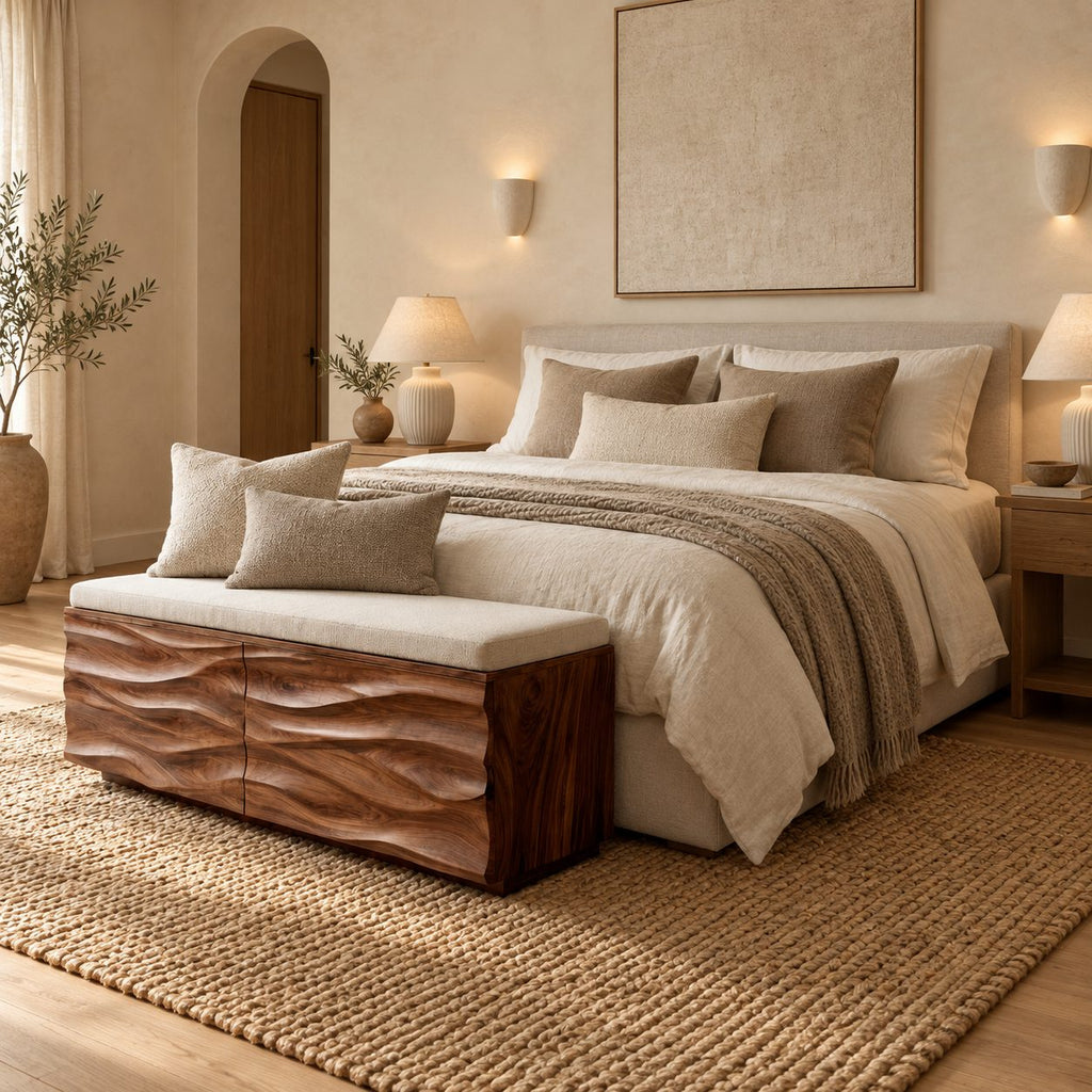 Deep Wave Carved Storage Trunk Bench, Solid Wood End of Bed Chest with Sculpted Rippled Front