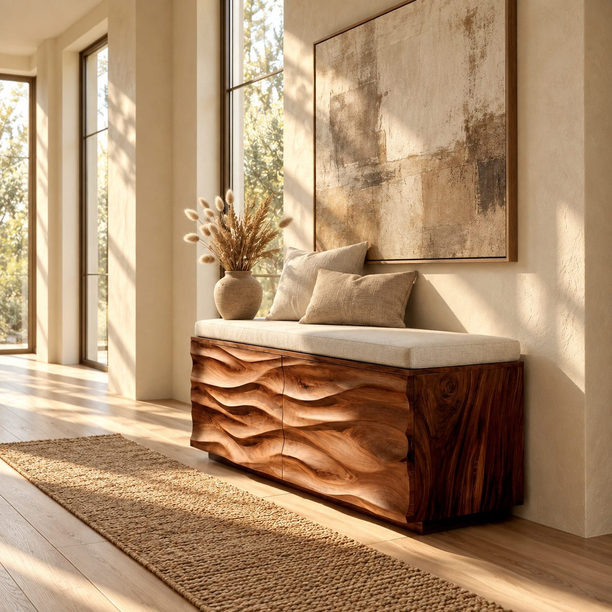 Deep Wave Carved Storage Trunk Bench, Solid Wood End of Bed Chest with Sculpted Rippled Front