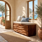 Deep Wave Carved Storage Trunk Bench, Solid Wood End of Bed Chest with Sculpted Rippled Front