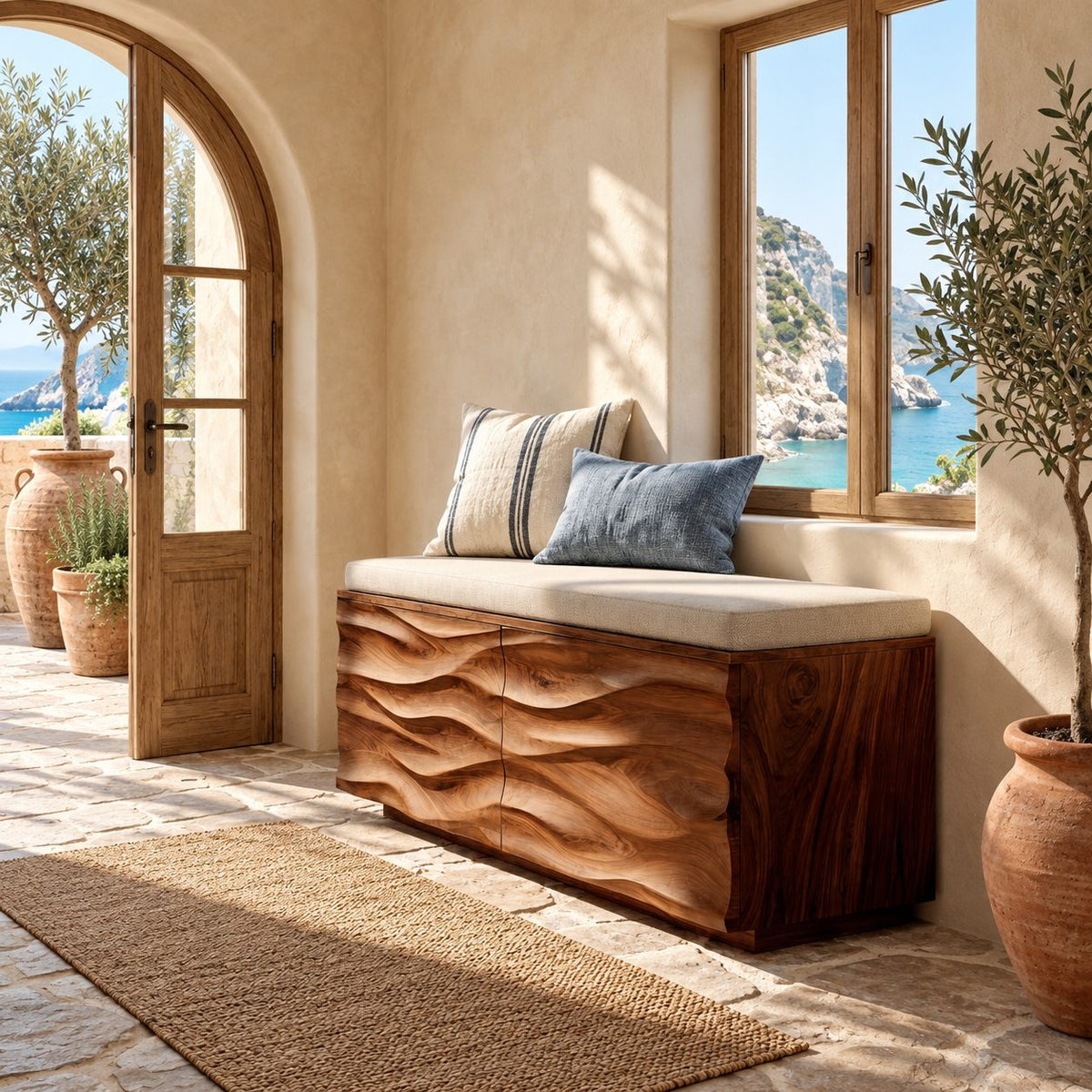 Deep Wave Carved Storage Trunk Bench, Solid Wood End of Bed Chest with Sculpted Rippled Front