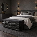 Deep Wave Carved Storage Trunk Bench, Solid Wood End of Bed Chest with Sculpted Rippled Front