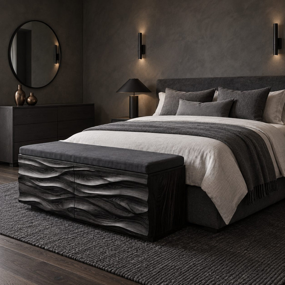 Deep Wave Carved Storage Trunk Bench, Solid Wood End of Bed Chest with Sculpted Rippled Front