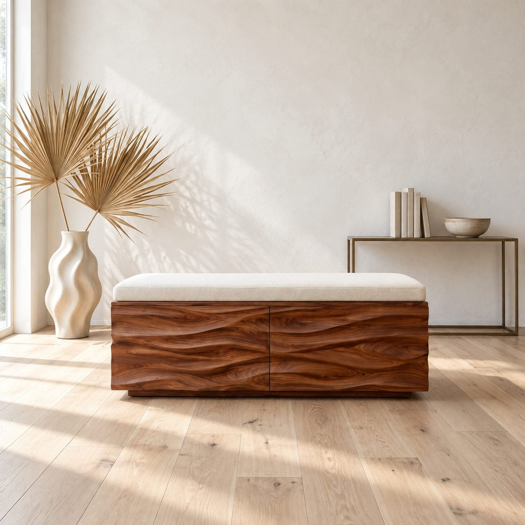 Deep Wave Carved Storage Trunk Bench, Solid Wood End of Bed Chest with Sculpted Rippled Front