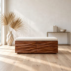 Deep Wave Carved Storage Trunk Bench, Solid Wood End of Bed Chest with Sculpted Rippled Front
