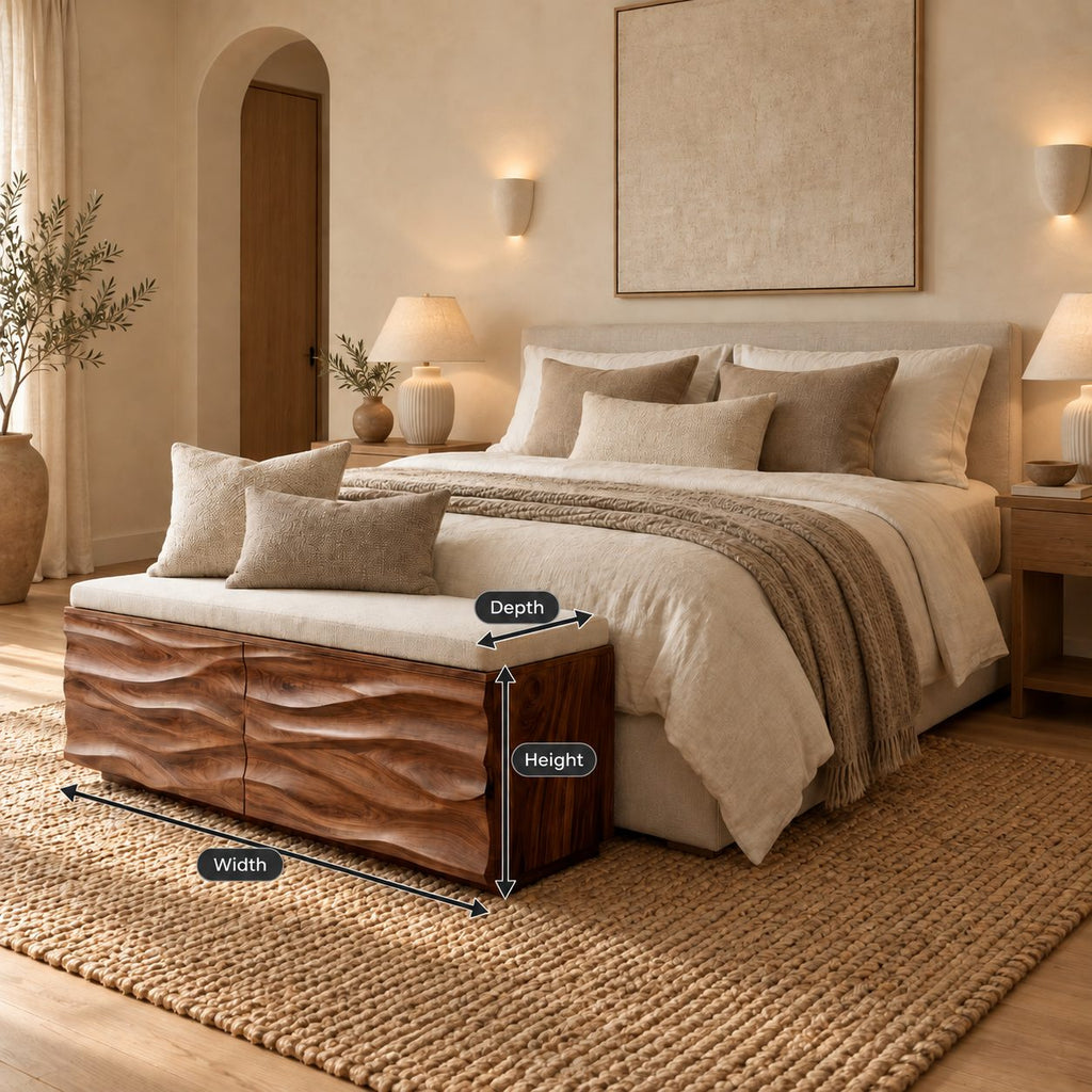 Deep Wave Carved Storage Trunk Bench, Solid Wood End of Bed Chest with Sculpted Rippled Front