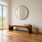 Bent Waterfall End Bench, Mid Century Solid Wood Entryway Bench with Curved Slab Legs and Arched Apron