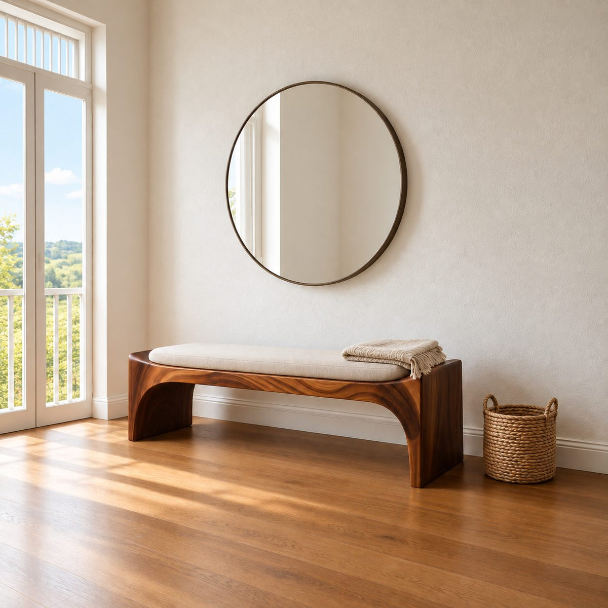 Bent Waterfall End Bench, Mid Century Solid Wood Entryway Bench with Curved Slab Legs and Arched Apron