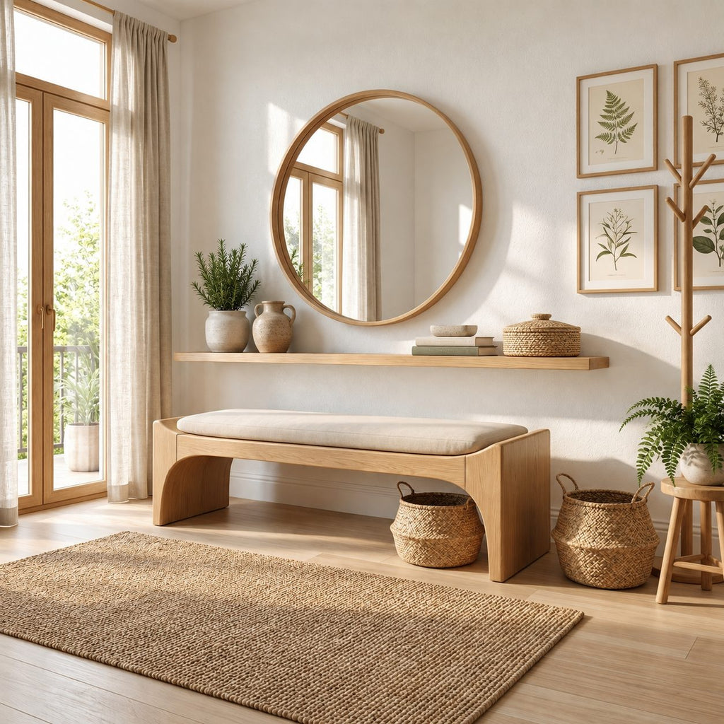Bent Waterfall End Bench, Mid Century Solid Wood Entryway Bench with Curved Slab Legs and Arched Apron